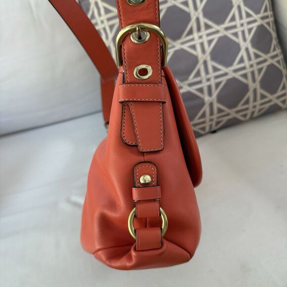 Auth Coach Leather Z23987 Medium Flap Shoulder Crossbody Duffle Bag Orange Coral - Picture 11 of 16